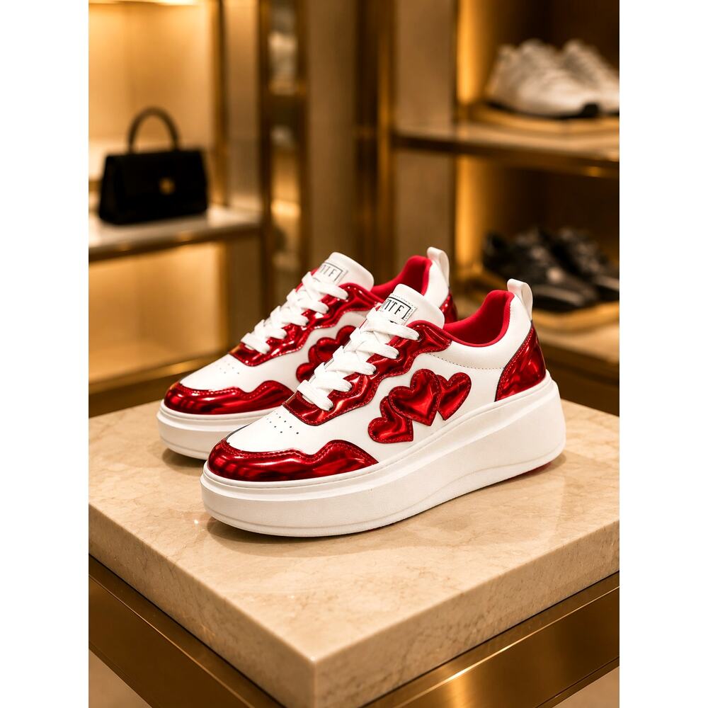 Red Heart Pattern Lightweight Sneakers Cushioned Sole 10.5